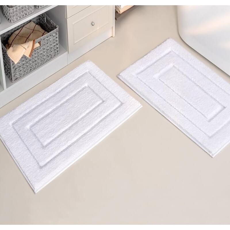 White 2 Piece Bordered Box Plush Soft Cozy 100% Polyester Bath Mat Set - White