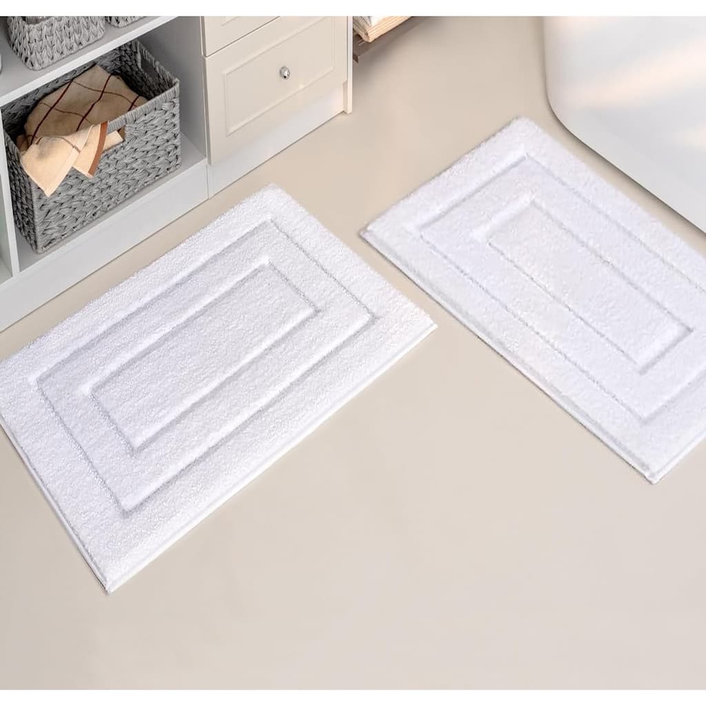White 2 Piece Bordered Box Plush Soft Cozy 100% Polyester Bath Mat Set