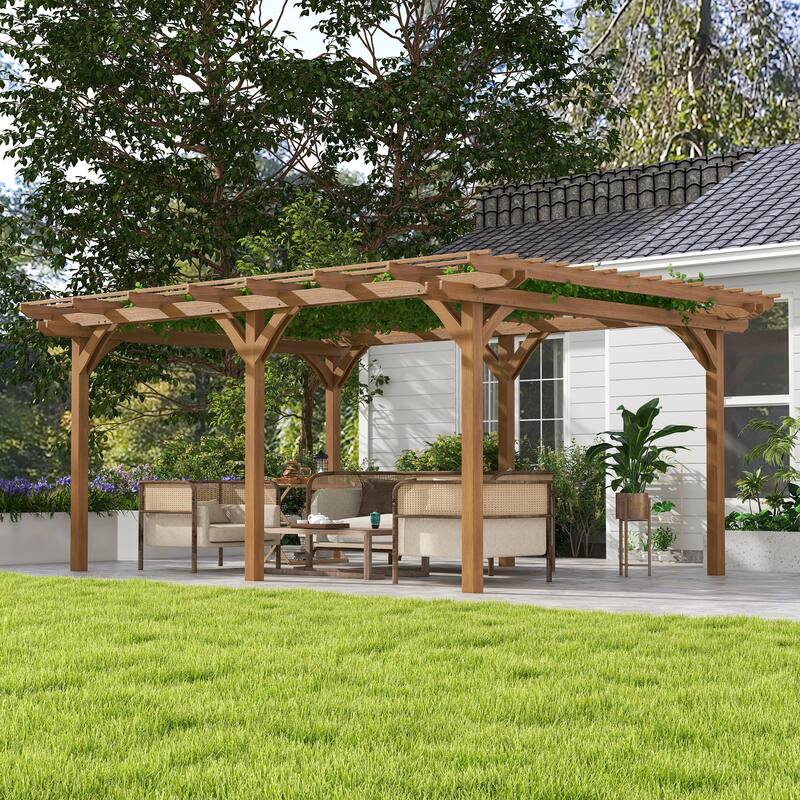 Outsunny 12' x 16' Outdoor Pergola, Wood Gazebo Grape for Climbing Plant Support at Garden, Patio, Backyard, Deck, Brown - Dark Brown