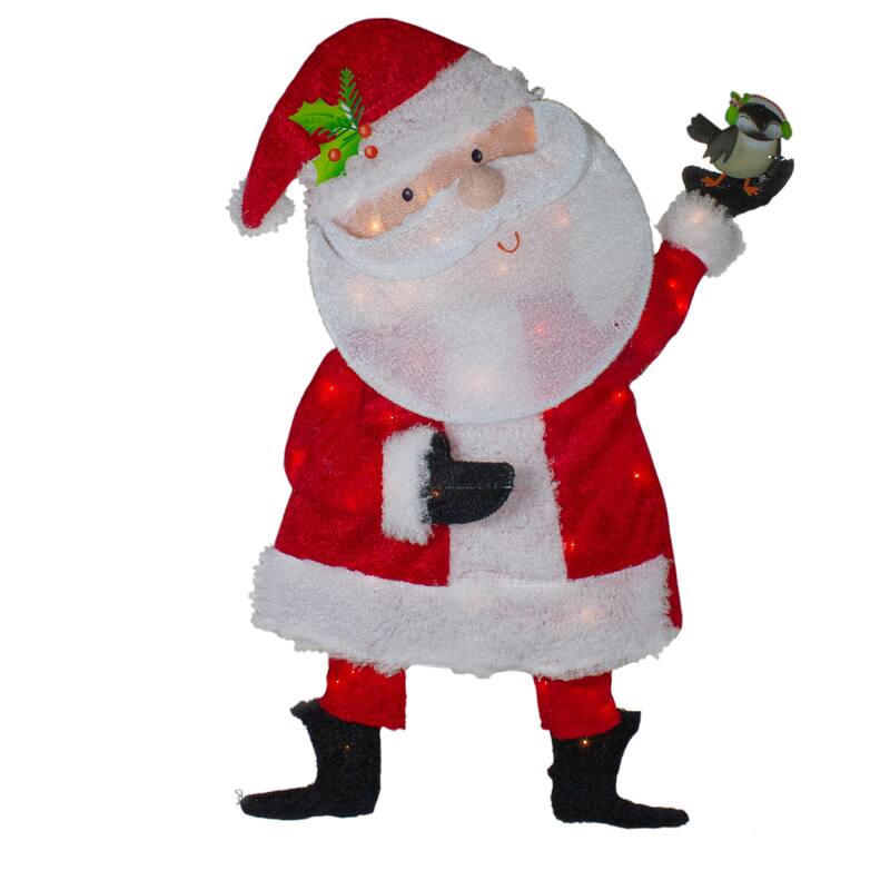 32" Lighted Red and White Chenille Santa Outdoor Christmas Decoration