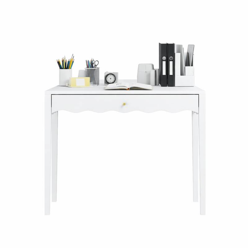 35.43"Vanity Desk with Drawer - Modern Makeup Table with Scalloped Front & Gold Knob, Compact Writing Desk with 4 Sturdy Legs