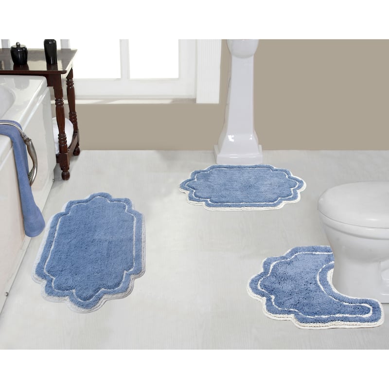 Allure Collection 100% Cotton Non-Slip Bathroom Rug Set, 3 Piece Machine Washable- Bathroom Rug, Bath Rug, U Shaped Contour - Blue
