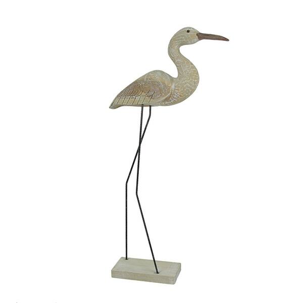 Carved Wood And Metal White Egret Bird Statue 15 Inches High