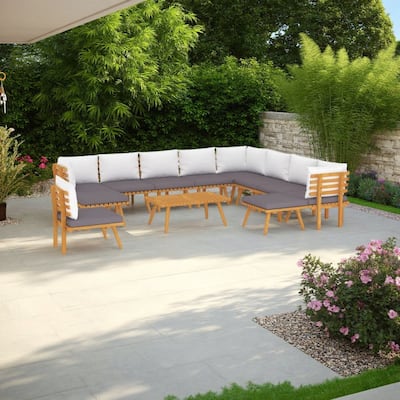 Roma 12pc Outdoor Modular Corner Sofa Set, Coffee Table, Acacia Wood