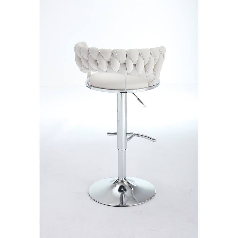 Set of 2 Bar Stools, with Chrome Footrest and Base, Swivel, Height Adjustable Mechanical Lifting, Velvet Upholstered