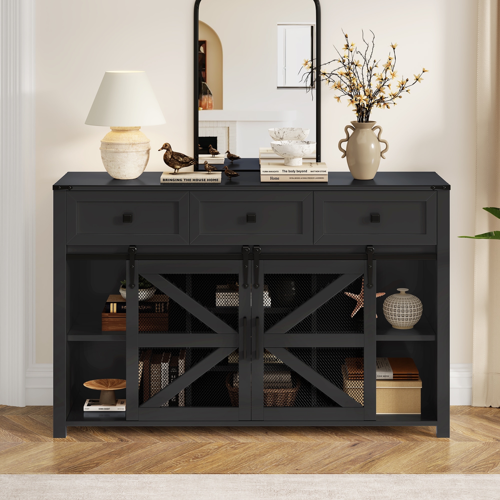 Roomfitters 55" Sideboard Buffet Cabinet with 3 Drawers and Sliding Barn Doors, Farmhouse Storage for Kitchen & Dining