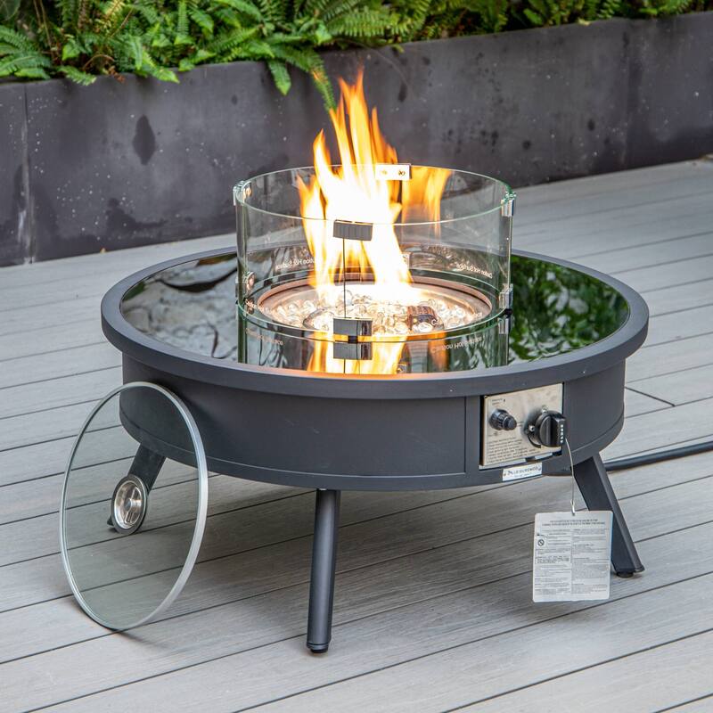 Walbrooke 29-inch Modern Aluminum Outdoor Propane Fire Pit Table - 37,000 BTU - Includes Glass Shield, Lid, and Fire Glass - 29