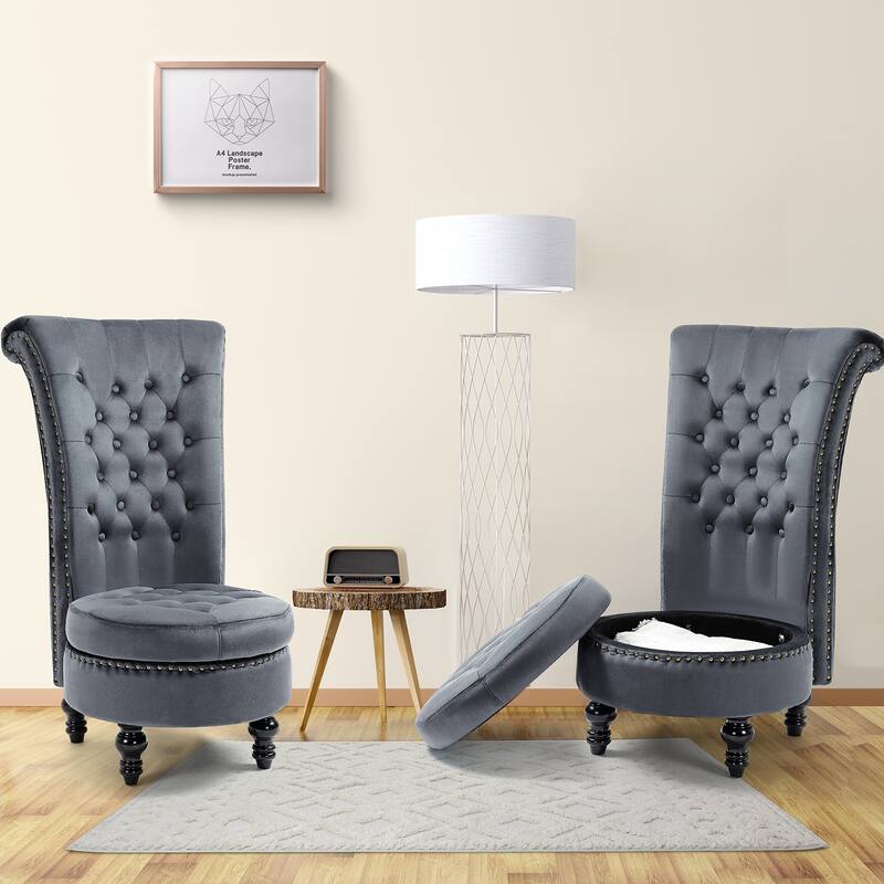 AVAWING Set of 2 High Back Throne Chair Velvet Armless Royal Accent Chair with Storage - Grey