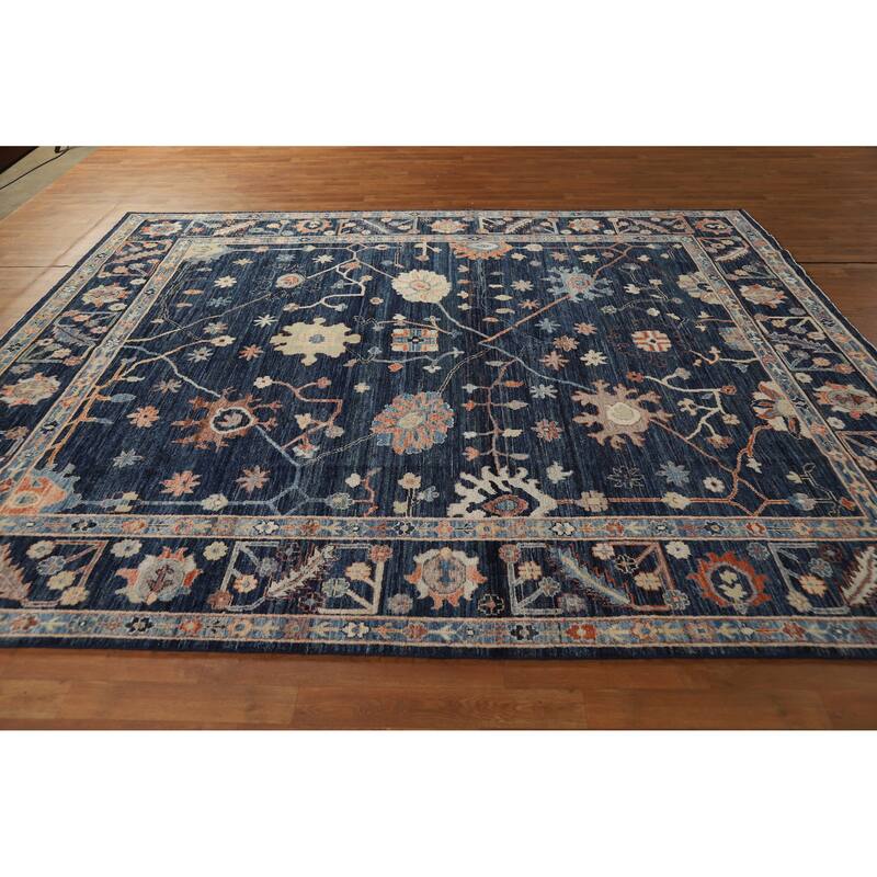 Hand Knotted Oriental 100% Wool Carpet Transitional All-Over Navy Blue & Blues Oushak Area Rug - 9' 9'' X 8' 2''