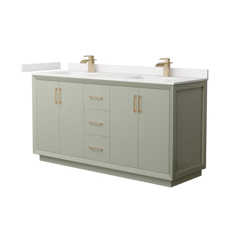 Wyndham Collection WCF414166D-QTZ-UNSMXX Strada 66" Free Standing - Light Green / White Quartz Top / Satin Bronze