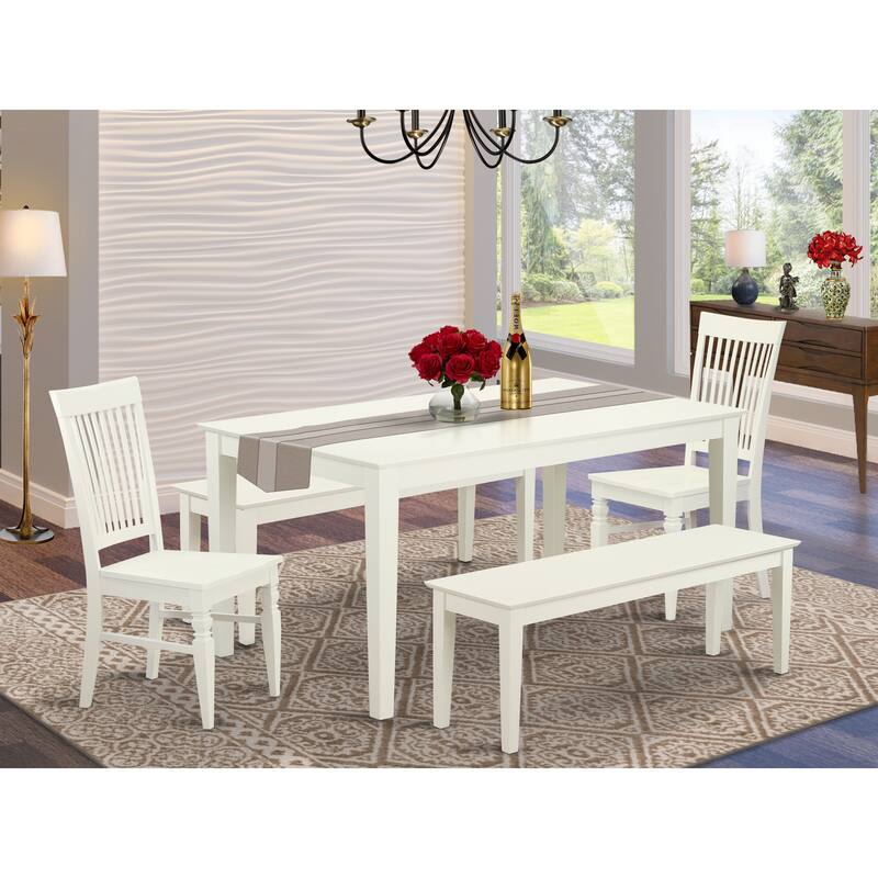 East West Furniture 5 Piece Dining Table Set- a Kitchen Table and 2 Dining Room Chairs with 2 Benches, 36x60 Inch, Linen White