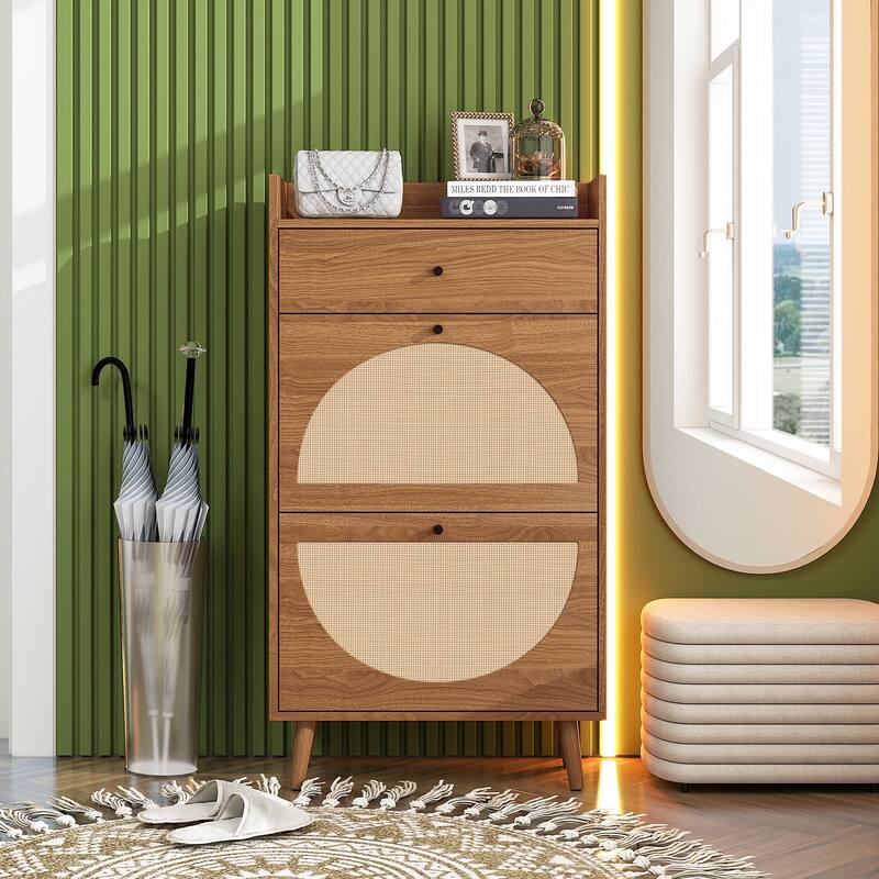 Entryway Shoe Storage Cabinet, Freestanding Rattan Shoe Rack, Shoe Organizer with 2 Flip Drawers & 1 Pull-Out drawer - Walnut
