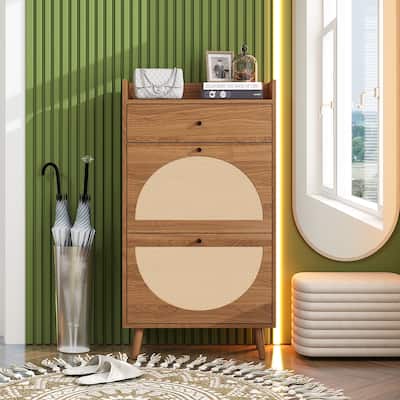 Entryway Shoe Storage Cabinet, Freestanding Rattan Shoe Rack, Shoe Organizer with 2 Flip Drawers & 1 Pull-Out drawer