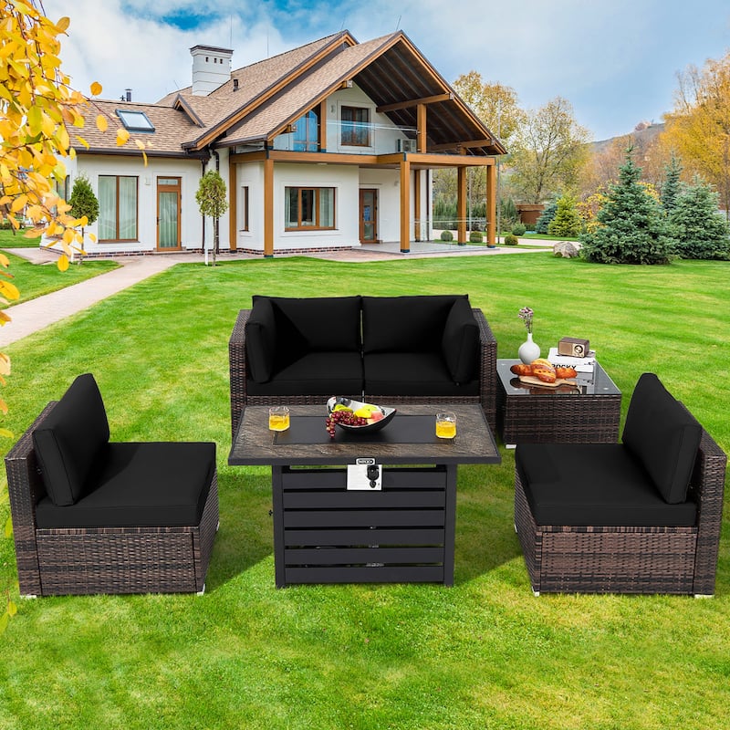 Costway 6PCS Patio Rattan Furniture Set 42'' Fire Pit Table Cover Sofa - See Details - Black