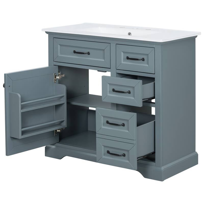 Roomfitters 36" Bathroom Vanity with Ceramic Sink, 2 Tip-out Drawers and Smart Storage Organizer