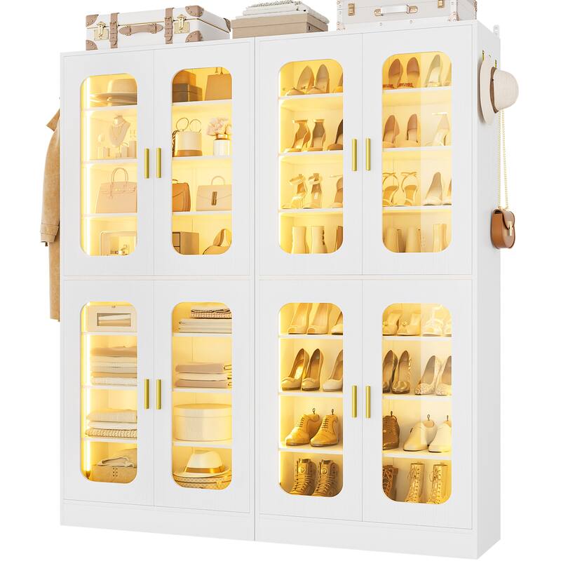 8-Tier Shoe Cabinet with LED Light, 32 Pairs Tall Shoe Storage Organizer with Side Hooks