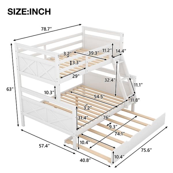 dimension image slide 0 of 2, Twin over Full Bunk Bed with Ladder, Twin Trundle, Full-Length Guardrail