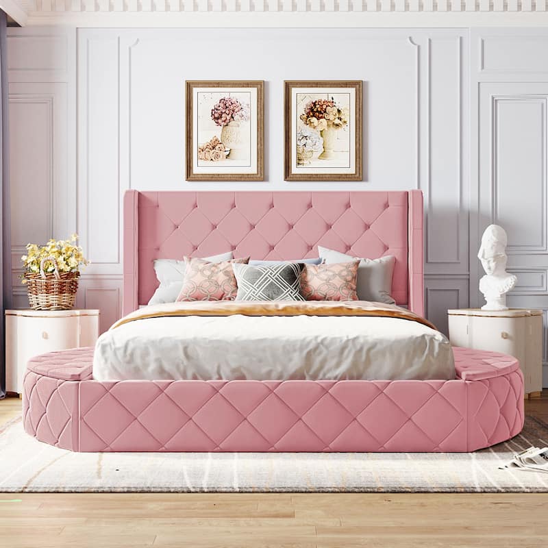Low Profile Bed Queen Size Velvet Upholstered Platform Bed with Wingback Headboard, Big Drawer and 2 Semicircle Side Stools