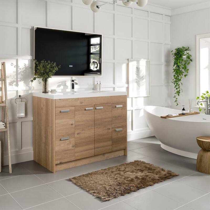 Eviva Lugano 42"W Natural Oak Modern Bath Vanity with WH Acrylic Top