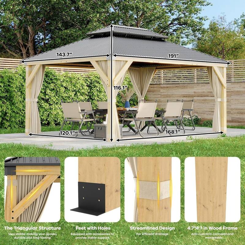 12'x16' Wood Hardtop Gazebo for Patio, Deck, Backyard, Lawn, and Garden - 12X16 Ft