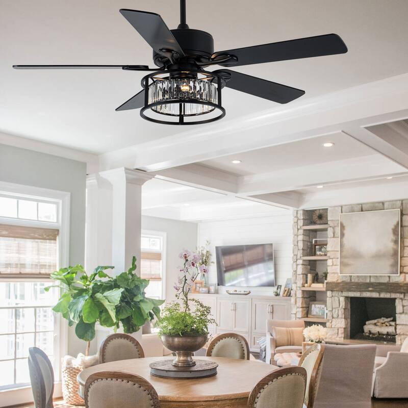 Oaks Aura 52in.Black Modern Glam Crystal Ceiling Fan with Lights,6-speed Reversible Crystal Fan Lights with Remote - 52