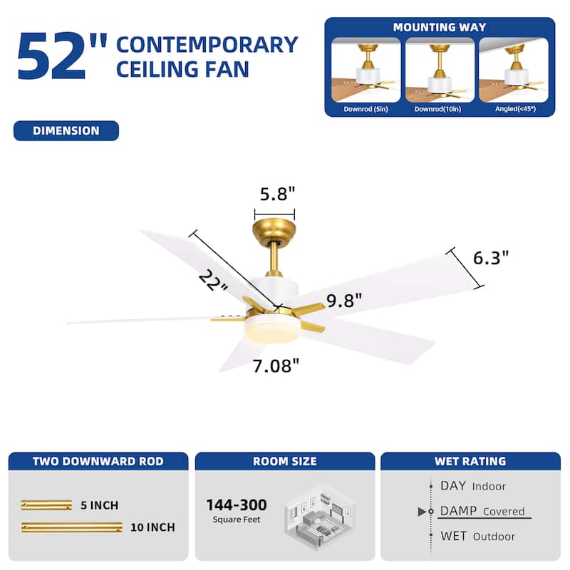 Moasis 52 Inch Dimmable Ceiling Fan with Light Remote and APP Control