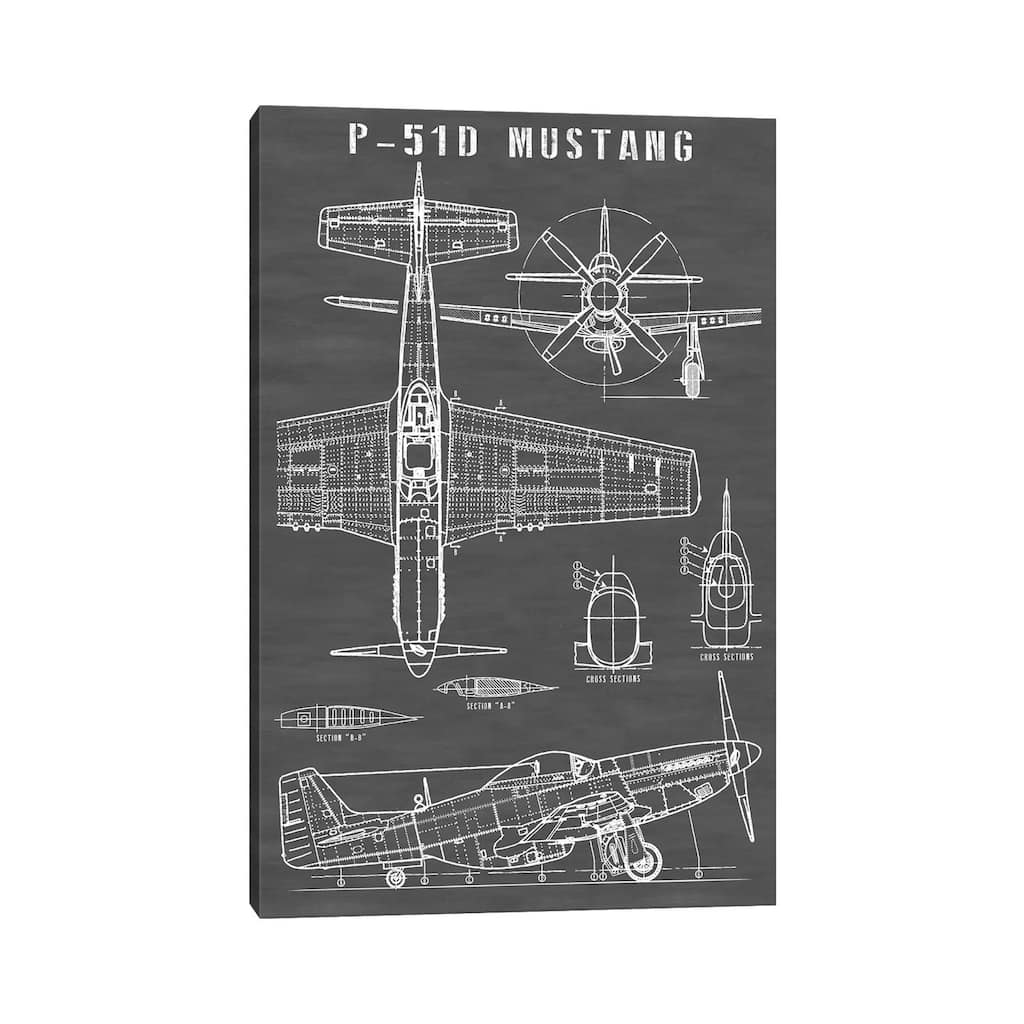iCanvas "P-51 Mustang Vintage Airplane In Black" by Action Blueprints Canvas Print