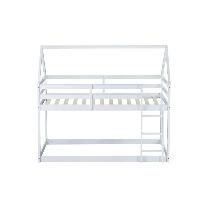 Twin over Twin Rubber Wood Floor Bunk Bed, with ladder,Guardrails,House-Shaped-Bunk Bed