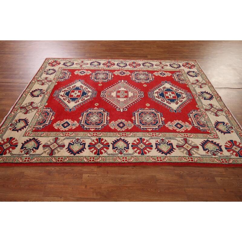 Geometric Kazak Rug Hand-Knotted Bedroom Red Wool Carpet - 5'9" x 7'7"