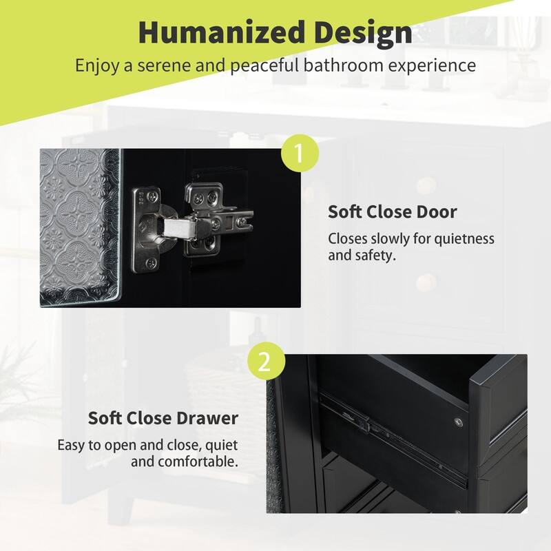 30''/36'' Bathroom Vanity with Sink, 3 Drawers Bathroom Storage Cabinet with Soft-Close Glass Door and Adjustable Shelf