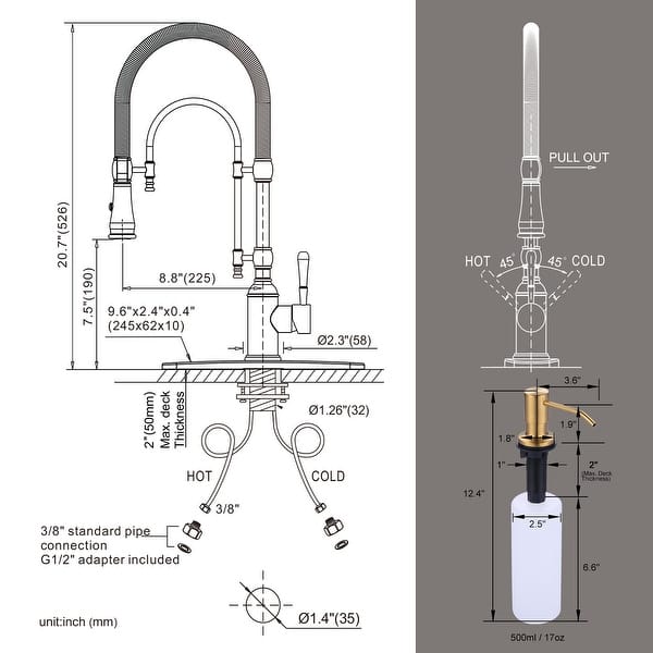 dimension image slide 11 of 12, WOWOW Single Handle Gooseneck Pull Down Sprayer Kitchen Faucet