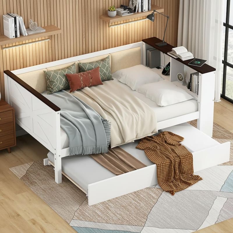 Wood Daybed with Storage Shelves, Charging Station & Upholstered Back by Harper&Bright Designs