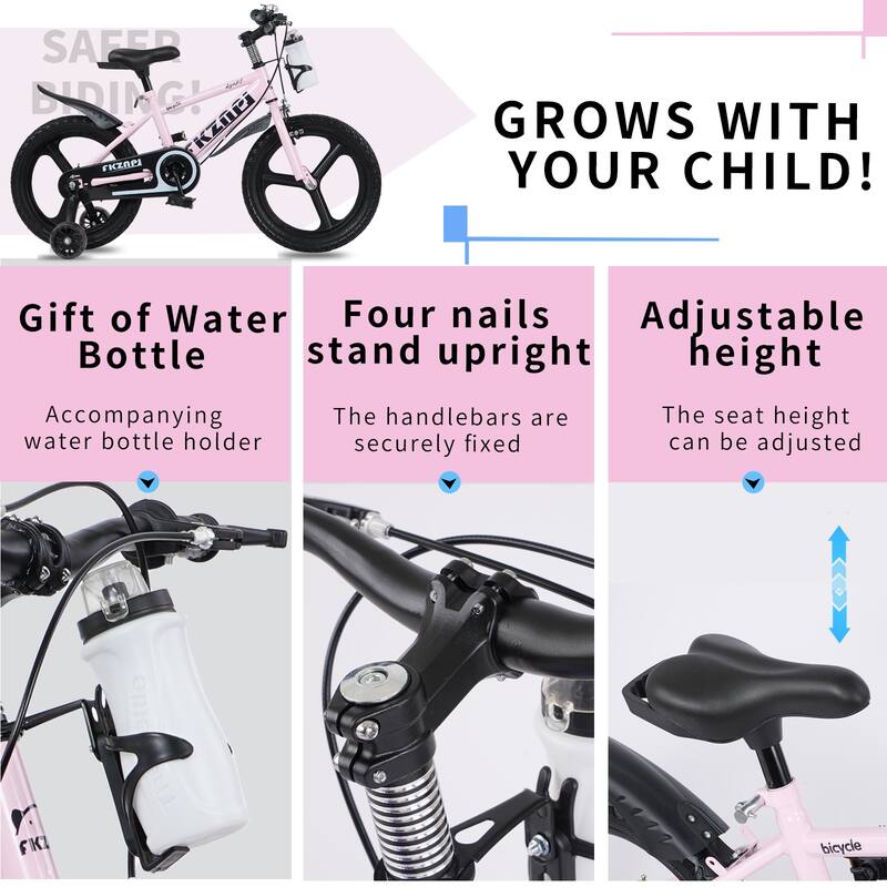 16 Inch High Carbon Steel Frame, Little Daisy Kids Bike w/Kettle & Training Wheels, Magnesium Alloy Wheels Bicycle for 2-7 Years