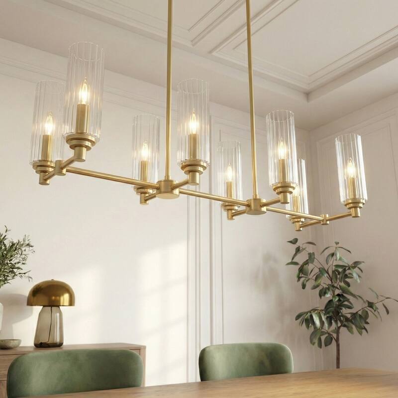 Asert Sophisticated 8-Light Satin Brass Pendant with Ribbed Glass Shades - Clear Ribbed Glass - Clear Ribbed Glass