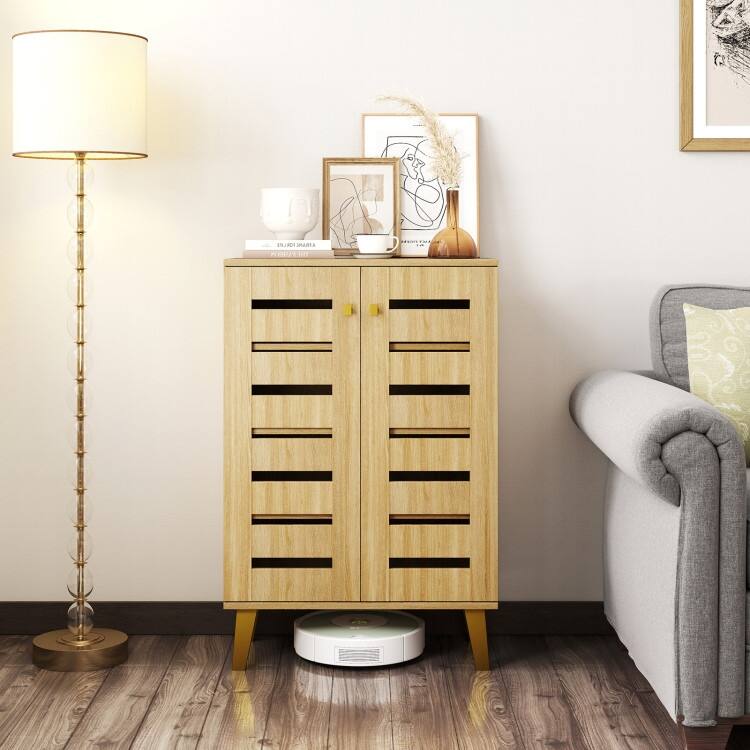 Oak MDF Wooden Shoe Cabinet with Louvered Doors and Removable Shelves - 24" x 13" x 36"