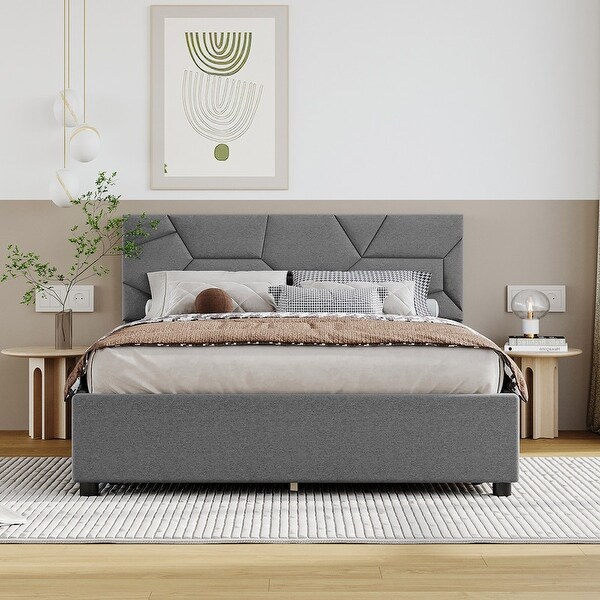 Upholstered Full Platform Bed with 4 Storage Drawers Wooden Queen