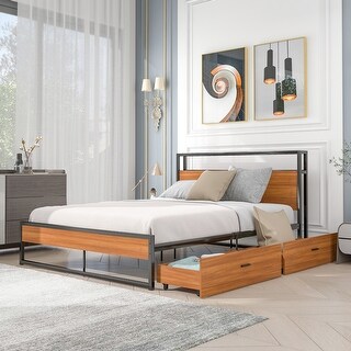 Metal Platform Bed Frame with Wooden Headboard, 2 Storage Drawers ...