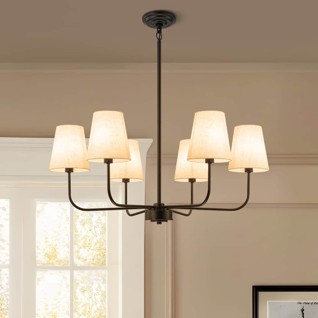 6-Light Metal Chandelier with White Linen Shades