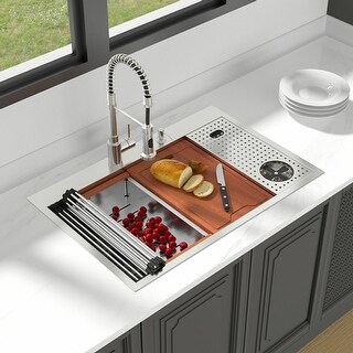 33 in. Drop-In/Topmount Single Bowl 16 Gauge Brushed Nickel Stainless Steel Workstation Kitchen Sink with Glass Rinser