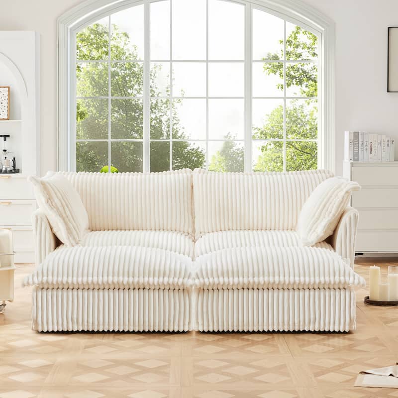 Slipcovered Corduroy 2-Seater Sofa with 2 Ottomans
