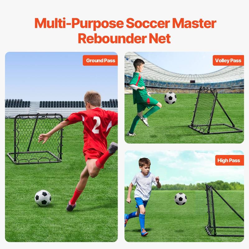 Black Iron Tube Soccer Rebounder Net, 2x2 Mesh, Adjustable Angle, Foldable and Portable