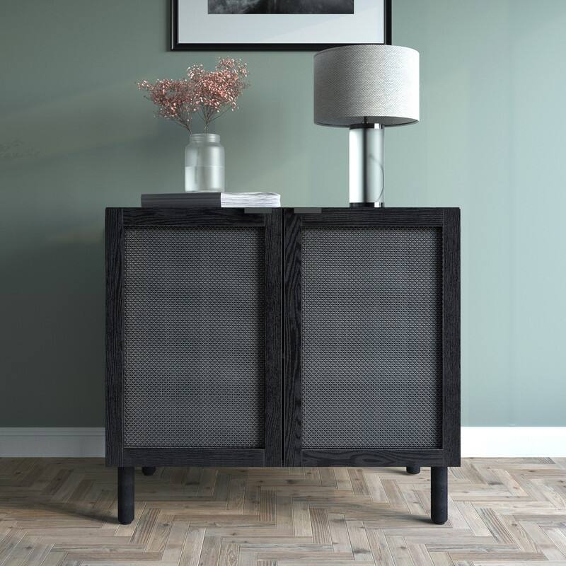 Orre Black With Black Rattan Cabinet 2 Door - MDF
