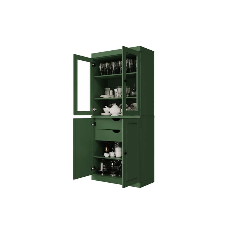 Palace Imports 100% Solid Wood Pantry Cabinet with Frosted, Clear Glass or Solid Doors, 2-Drawers and Adjustable Shelves