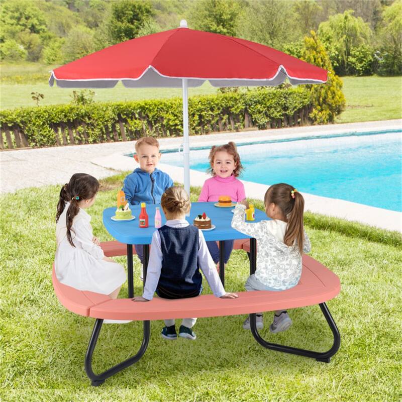 Kids Outdoor Picnic Table with Adjustable Umbrella and Benches Metal Frame and Weather-Resistant Surface - 49" × 49" × 39"-63"