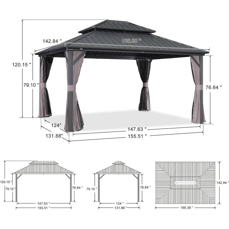 PURPLE LEAF Gazebo Outdoor Gazebo with Dual-Layer Galvanized Steel Double Roof Aluminum Gazebo with Netting and Curtains Grey