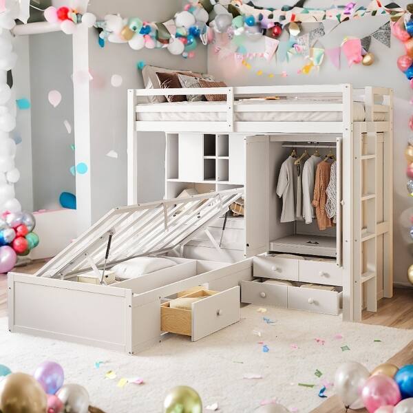 slide 2 of 30, Twin Size Bunk Bed with Drawers, Wardrobe, Storage Shelves and Hydraulic Bed White