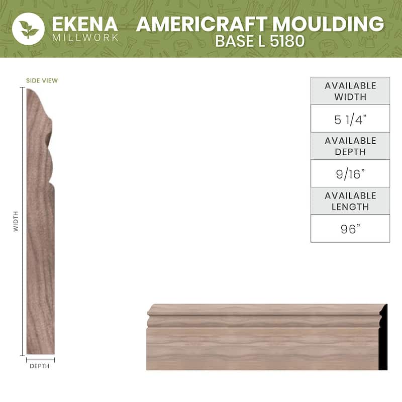 WM518: 9/16-in D x 5-1/4-in W x 96-in L Americraft Solid Hardwood Stain Grade Base Moulding