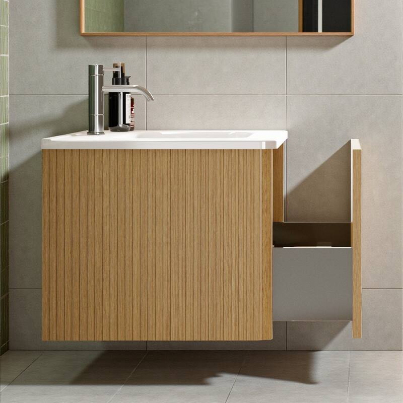 30" Floating Bathroom Vanity with Ceramic Sink, Striped Wall Mounted Cabinet with Curved Edges & Large Push-Open Drawer