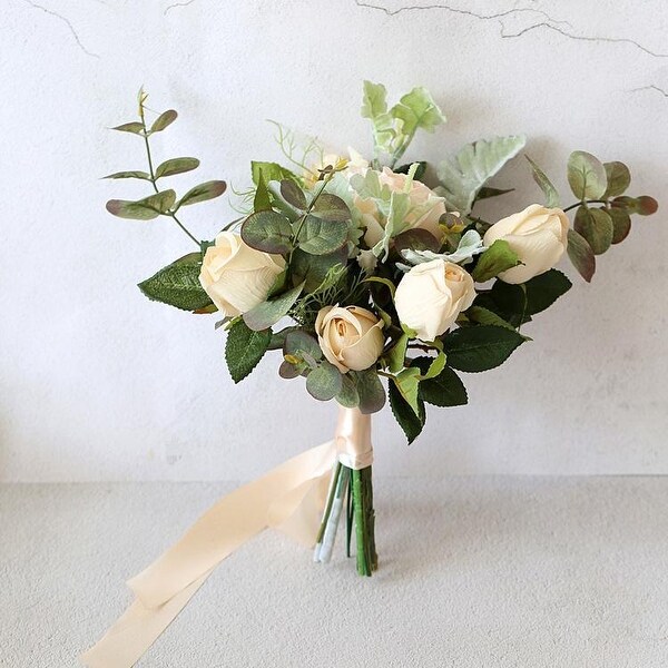 Shop Wedding Bouquet Champagne Rose Green Leaf Bridesmaid ...