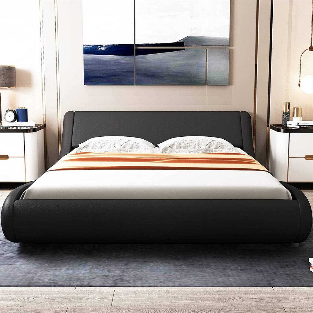 Full Size Bed With Curved Adjustable Headboard, Faux Leather Upholstered Platform Bed Frame, Strong Wooden Slats , Black